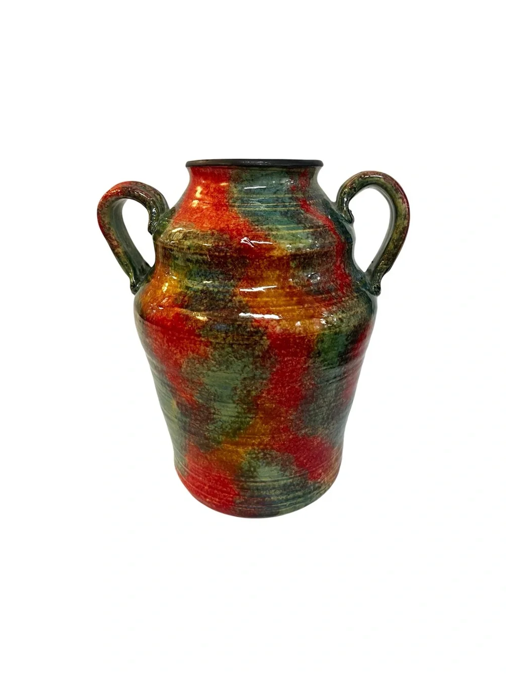 Malsnee Studio Pottery Vase Signed Hand Thrown 2011 Red Green Drip Glaze GA 8”